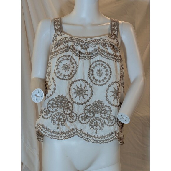 Embroidered Boho Eyelet Tank Top – Size PXL – Ivory & Taupe – 100% Cotton - Picture 10 of 10